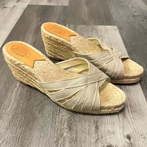 Stubbs & Wootton Kelly Espadrille Wedge Sandals Size 39 Natural Tan Ribbon